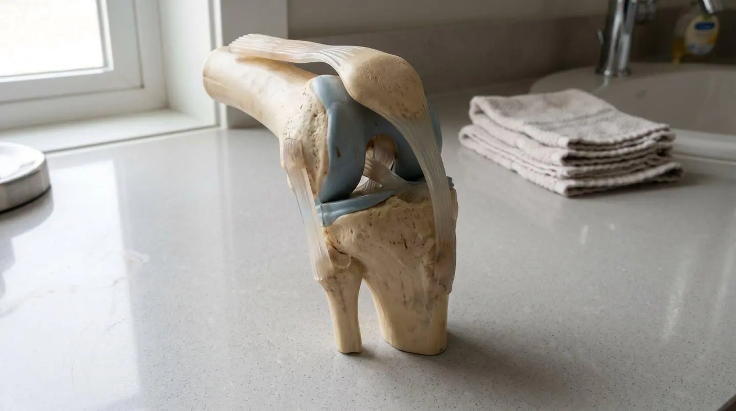 Extreme close-up macro photograph of a knee joint anatomical model showing cartilage surface texture and ligament attachment points with shallow depth of field