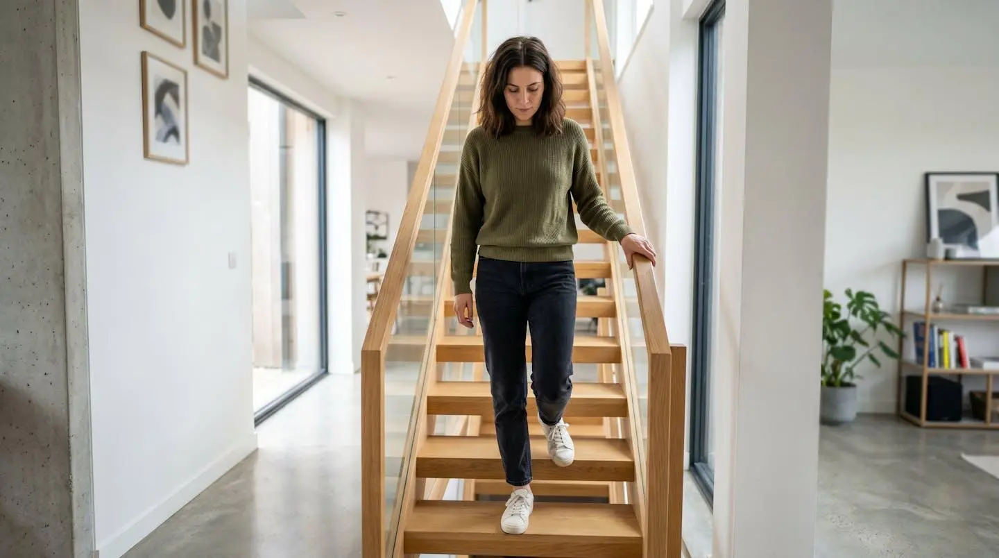 A person carefully descending a staircase whilst gripping the handrail, visible caution in posture suggesting knee discomfort