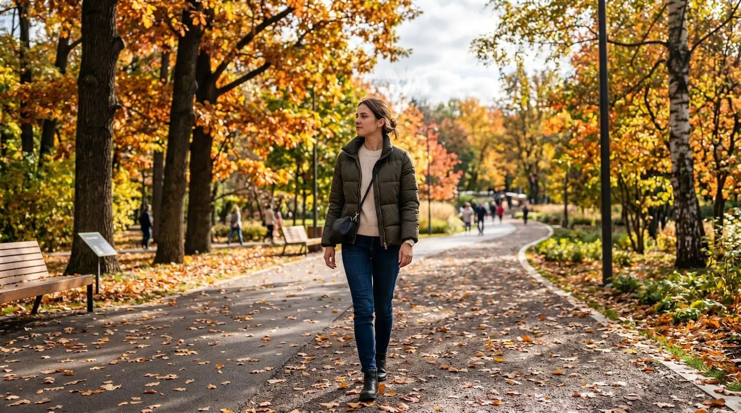 A person walking along a park pathway covered with autumn leaves, natural walking stride, trees on both sides, bright daylight