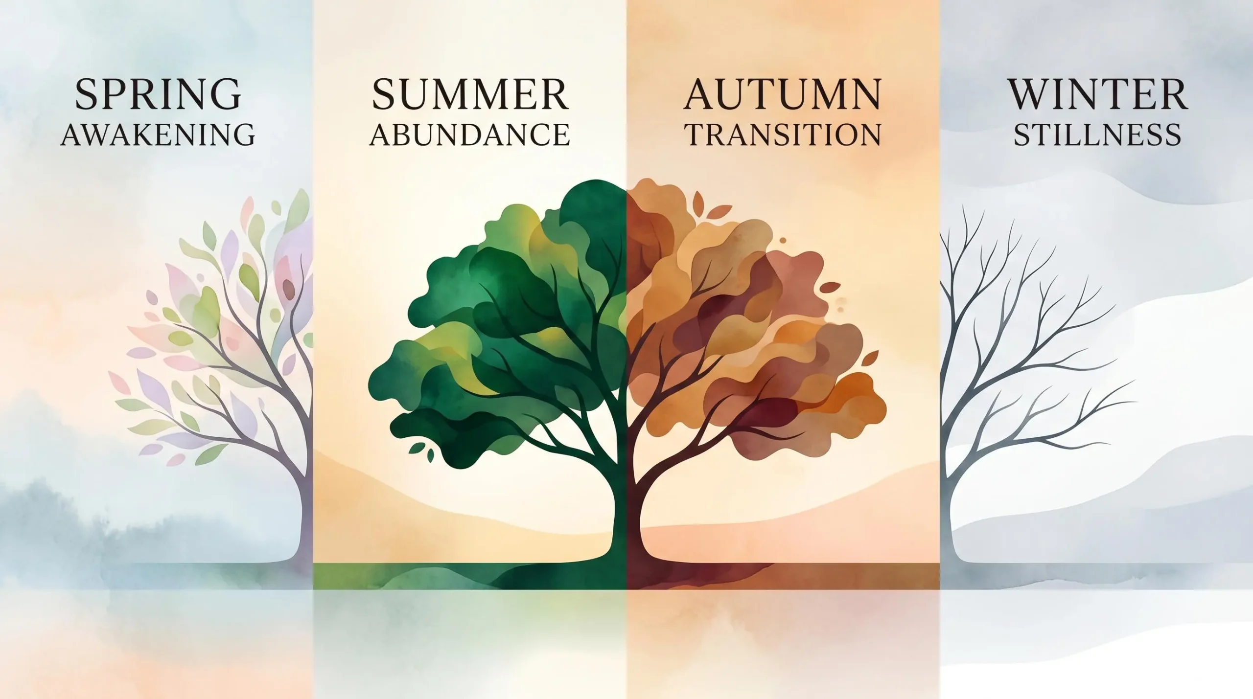 Abstract horizontal composition showing single tree silhouette transforming through four seasonal states with color palette shifting from spring pastels through summer greens to autumn earth tones and winter neutrals