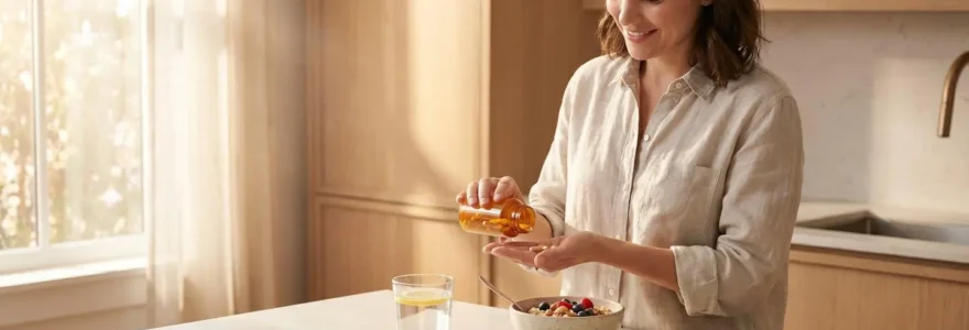 Femme concentrée préparant ses compléments alimentaires le matin dans une cuisine lumineuse