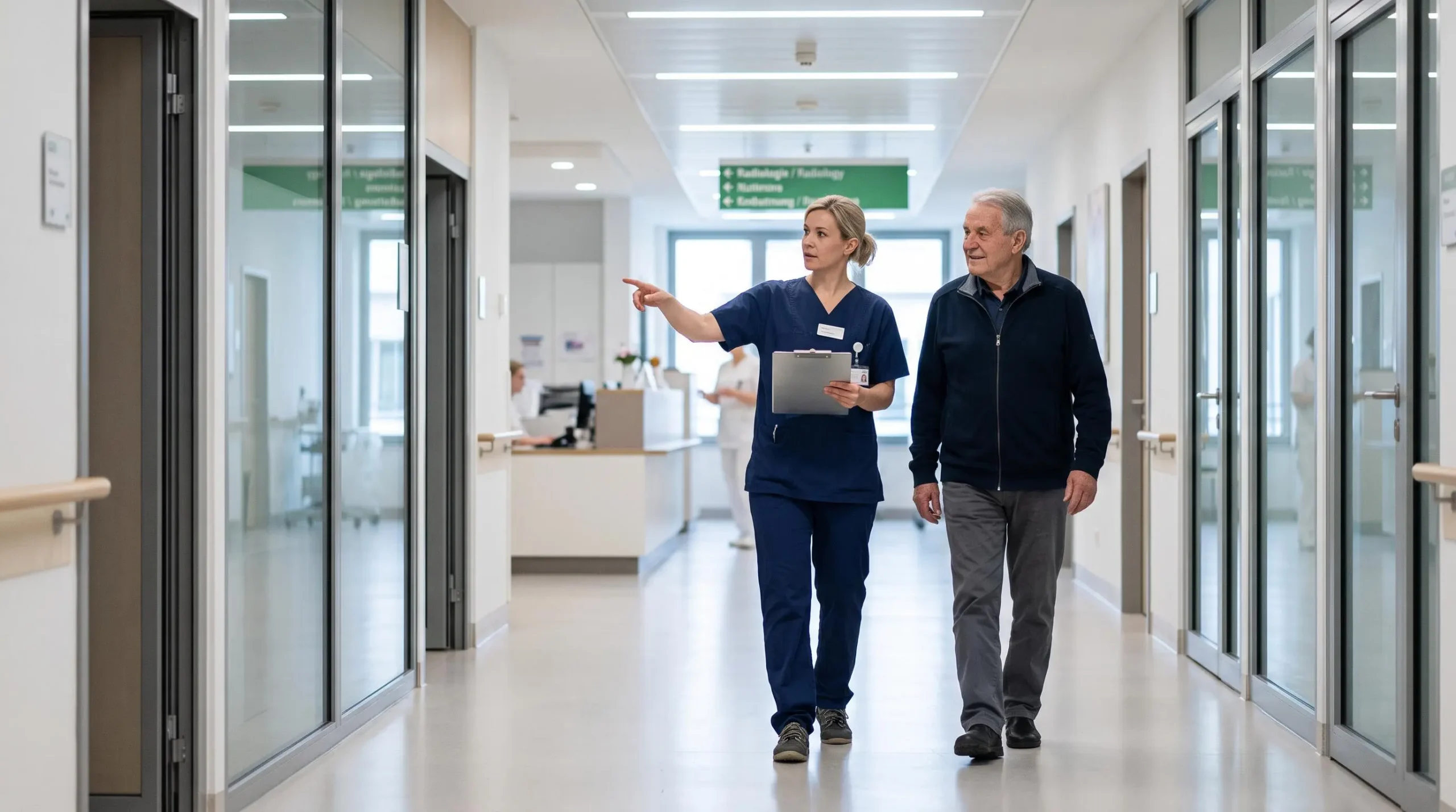 Une coordinatrice de soins accompagne une patiente dans un couloir d'hôpital lumineux.