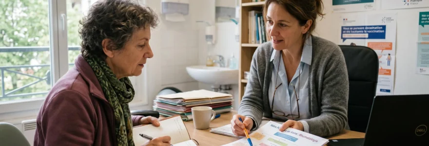 Un patient discute d'un parcours de soins avec un médecin dans un cabinet lumineux.
